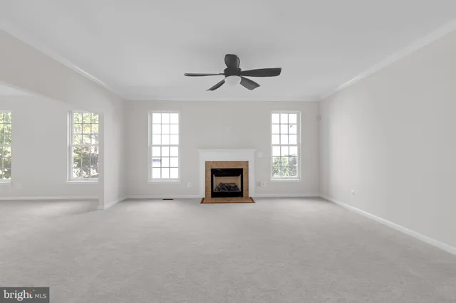 a view of a windows and fireplace in an empty room