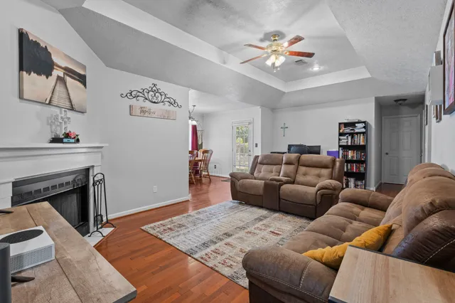 a living room with furniture and a fireplace