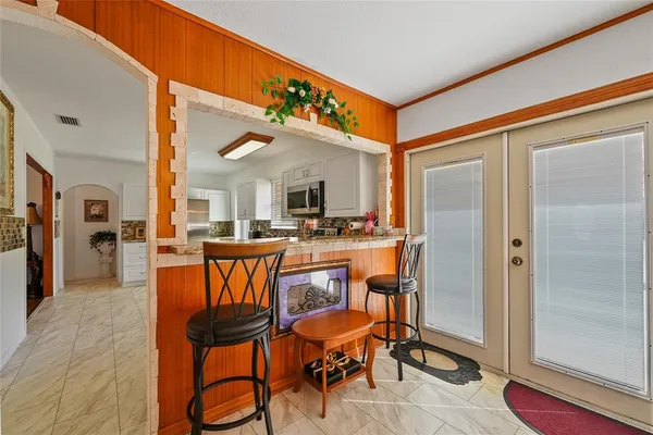 a view of a dining room with furniture