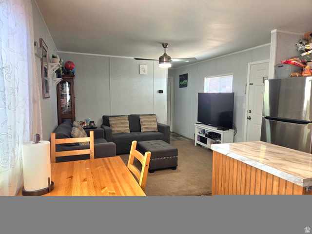 597 North State Street, Unit 67 Orem, UT 84057 - Photo 12 of 23 Living area with ornamental molding and ceiling fan