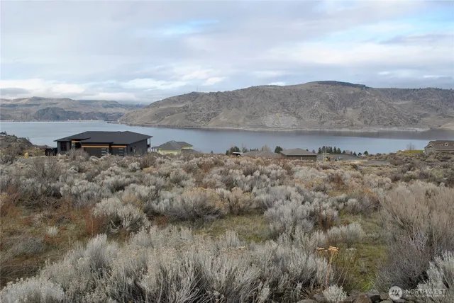 a view of a lake with mountains in the background