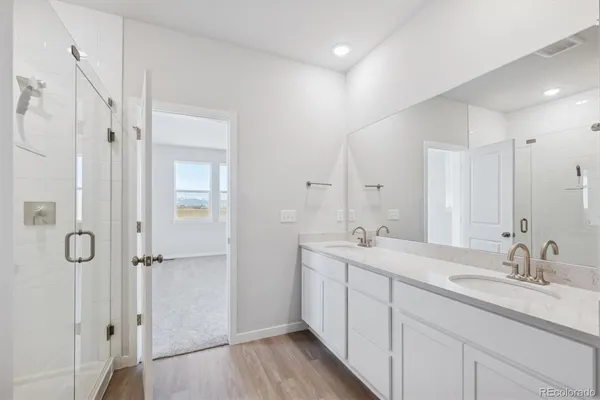 a bathroom with a double vanity sink mirror and shower