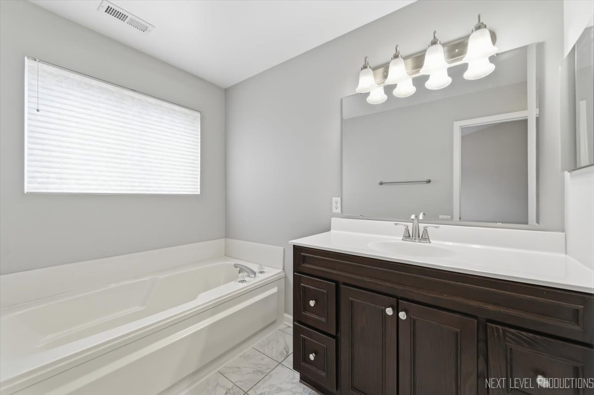 1102 Delta Drive, Unit 1102 Elgin, IL 60123 - Photo 19 of 29 a bathroom with a tub a double vanity sink and a mirror