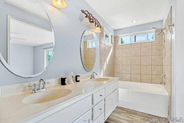 a bathroom with a double vanity sink mirror and bathtub