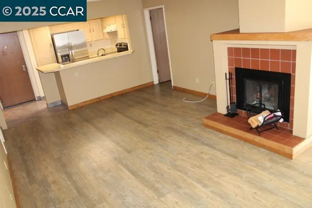 a view of a fireplace with cabinet