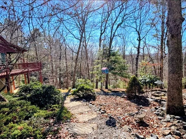 a garden view with a seating space