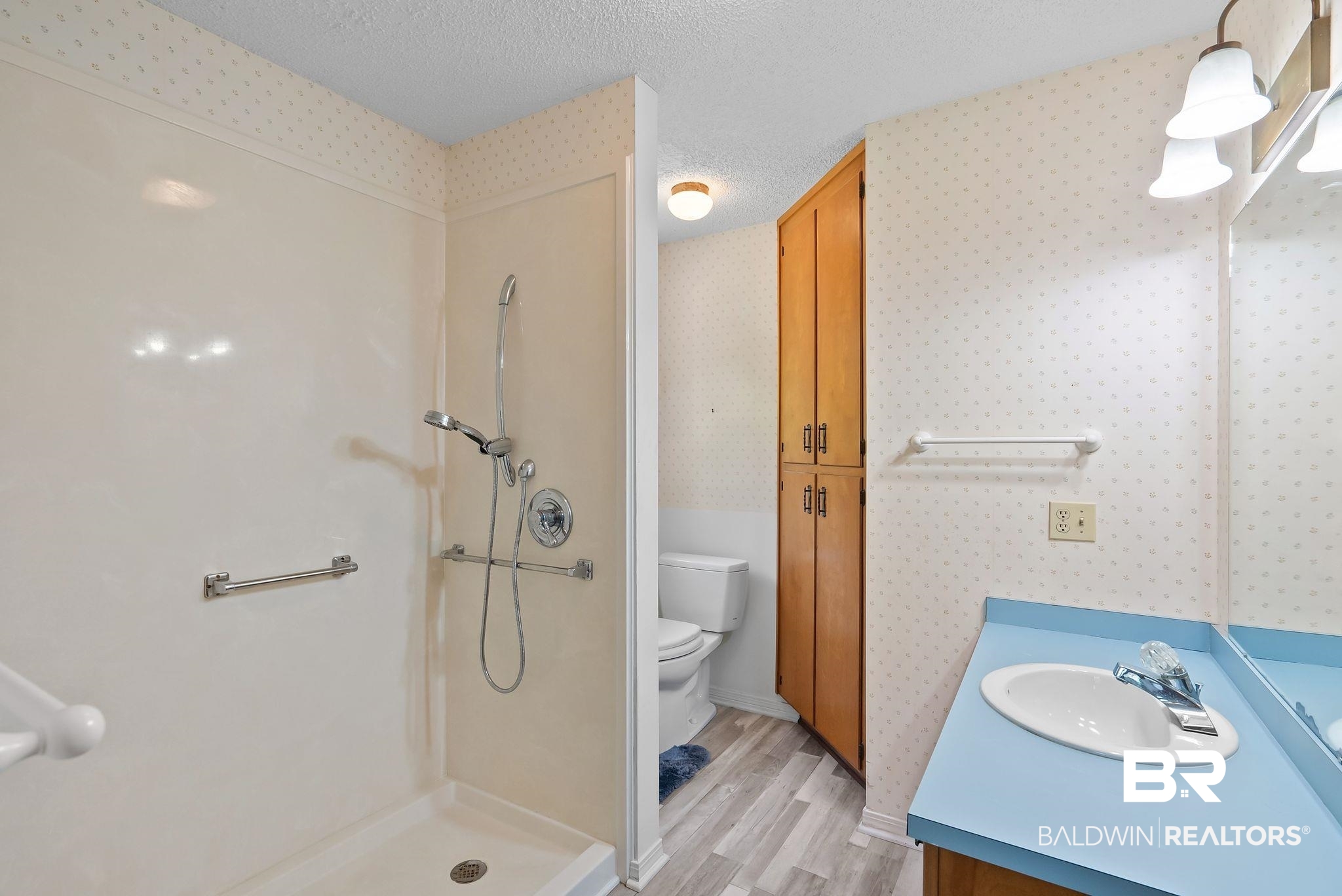 20540 Lacey Road Silverhill, AL 36576 - Photo 18 of 40 Bathroom featuring a walk-in shower with grab bars, a handheld showerhead, a toilet, a built-in wood-finish storage cabinet, and a vanity with a blue countertop and integrated sink