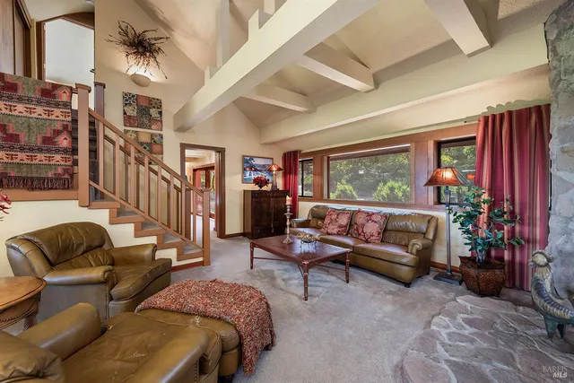 a living room with lots of furniture and a book shelf