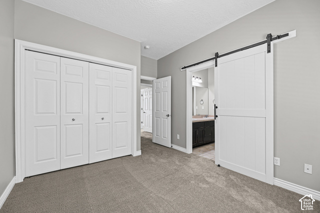 14038 New Saddle Road Draper, UT 84020 - Photo 18 of 46 Carpeted flooring, bi-fold closet doors, white paneled barn door, and a bathroom vanity with a countertop