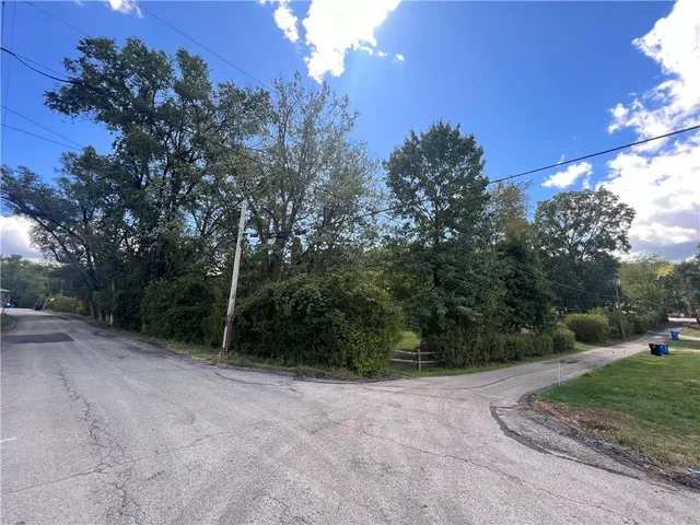 a view of a field with trees in the background