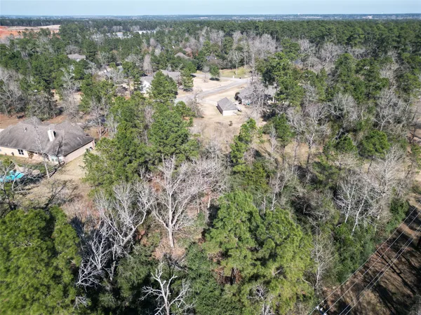 an aerial view of a house with a yard and large trees