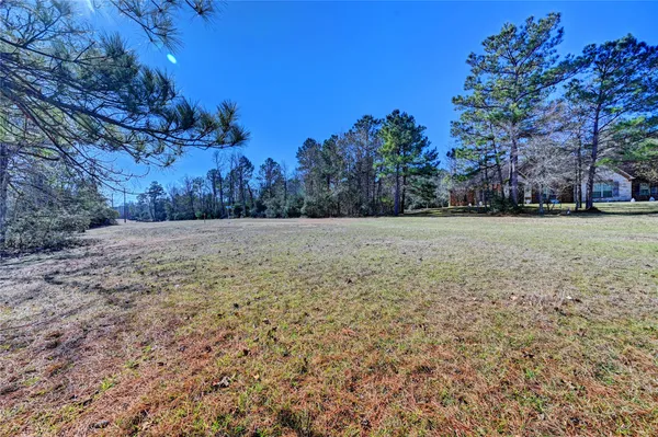 a view of a field with trees in the background