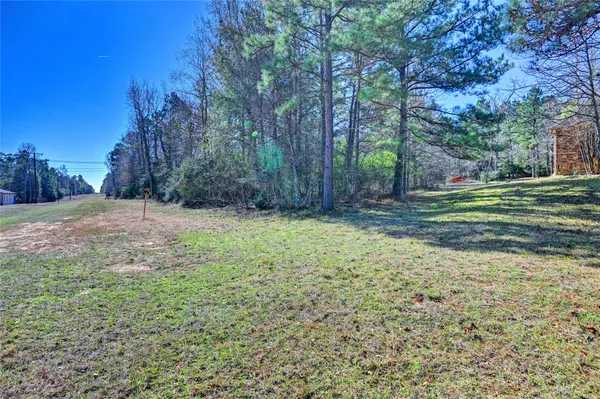 a view of a field with trees in the background