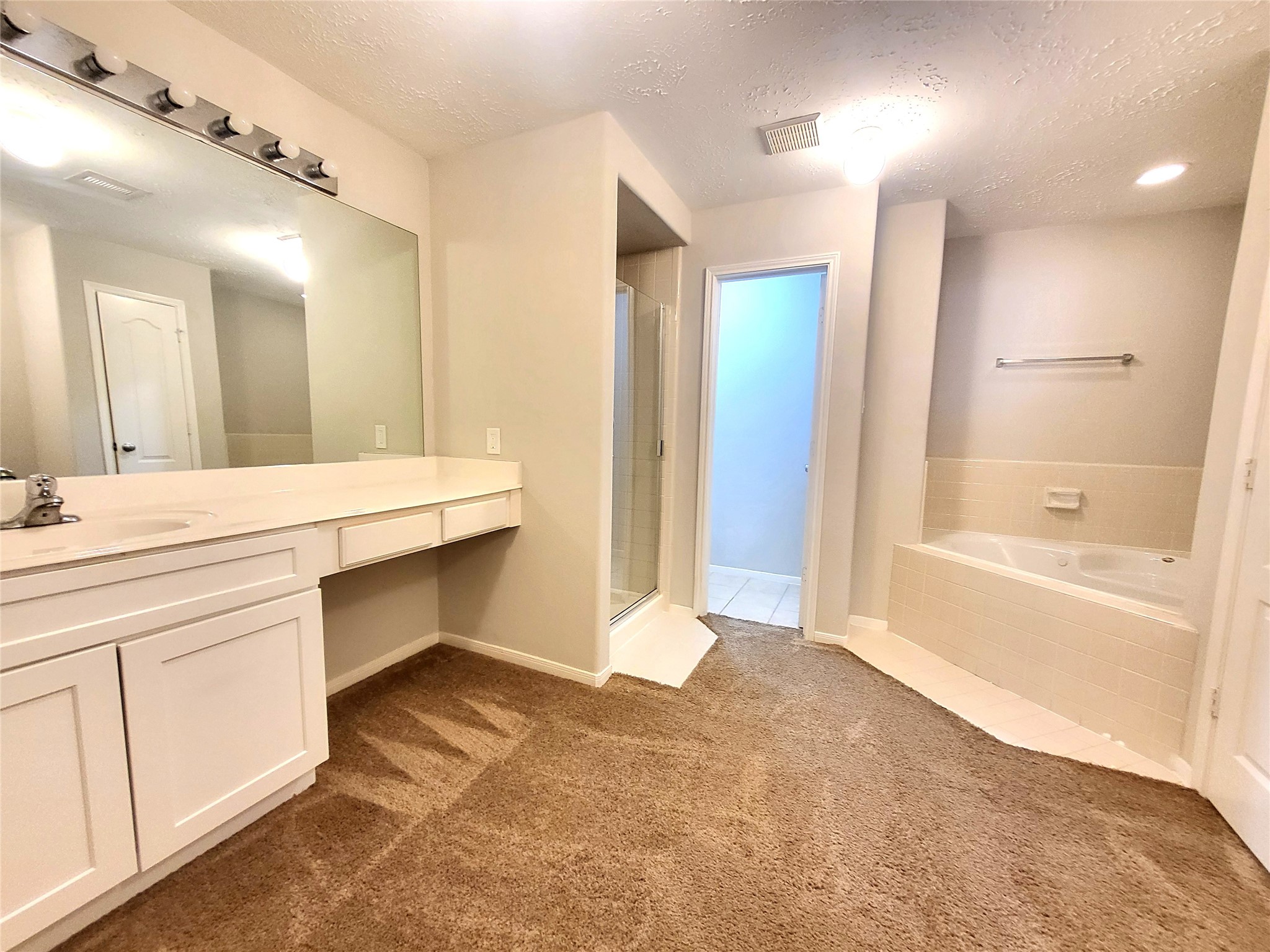 7415 Hollister Ridge Houston, TX 77040 - Photo 23 of 36 a bathroom with a double vanity sink a mirror and a bathtub