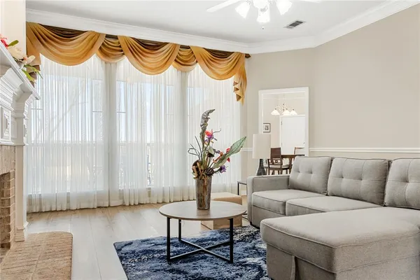 a living room with furniture and a potted plant