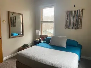 a bedroom with a bed and a window