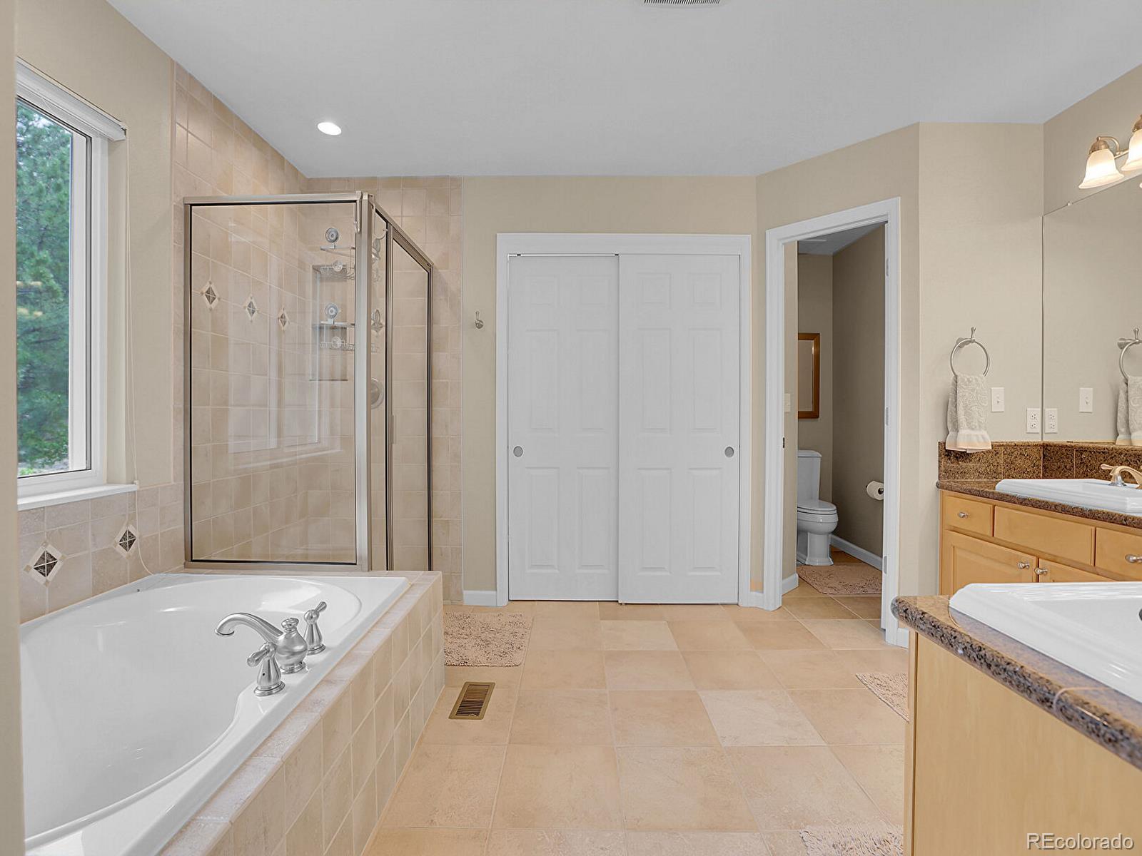 7138 Mountain Brush Circle Highlands Ranch, CO 80130 - Photo 24 of 50 a bathroom with a tub a sink a mirror and a shower
