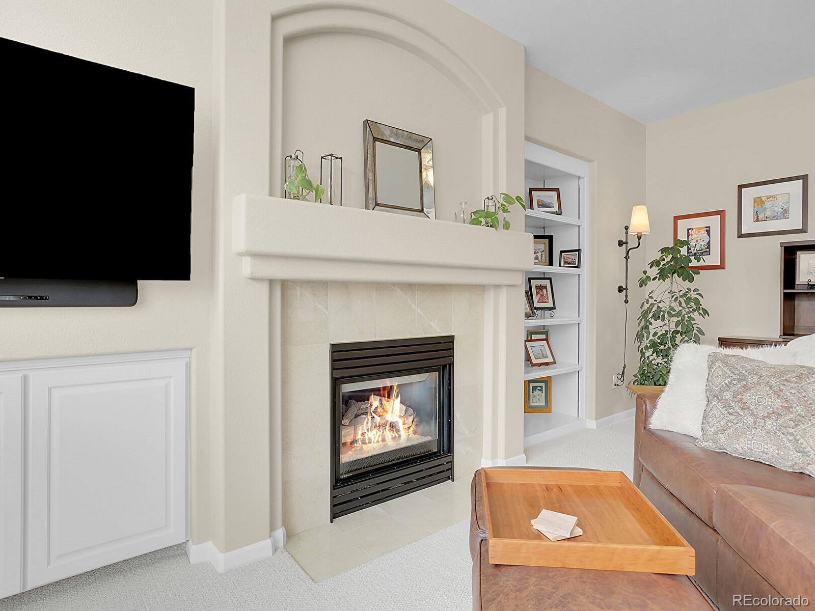 7138 Mountain Brush Circle Highlands Ranch, CO 80130 - Photo 9 of 50 a living room with furniture a flat screen tv and a fireplace