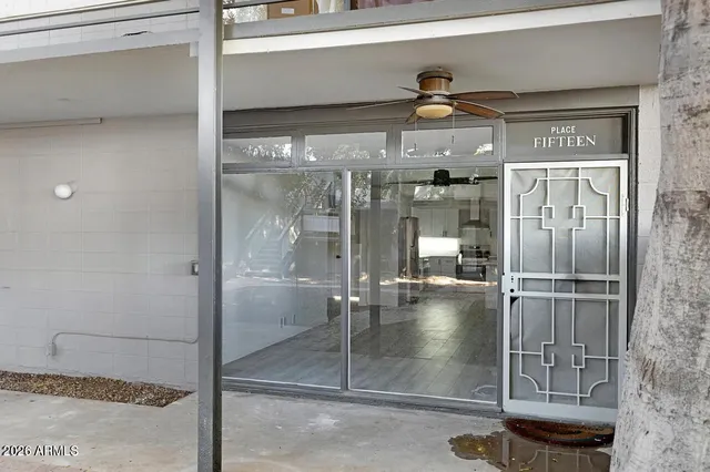 a water heater room with a fireplace