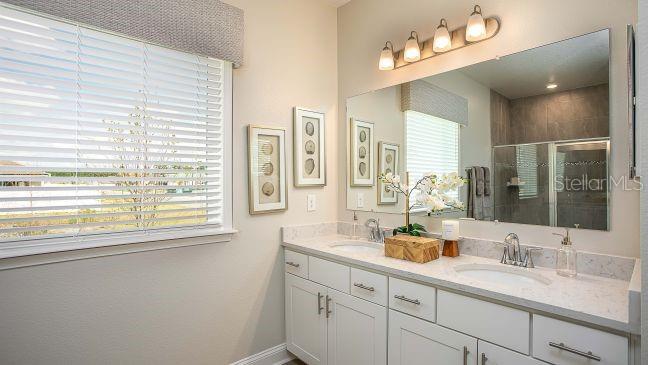 10 Fitzgerald Lane Palm Coast, FL 32137 - Photo 10 of 19 a bathroom with double vanity sinks a large mirror and a shower