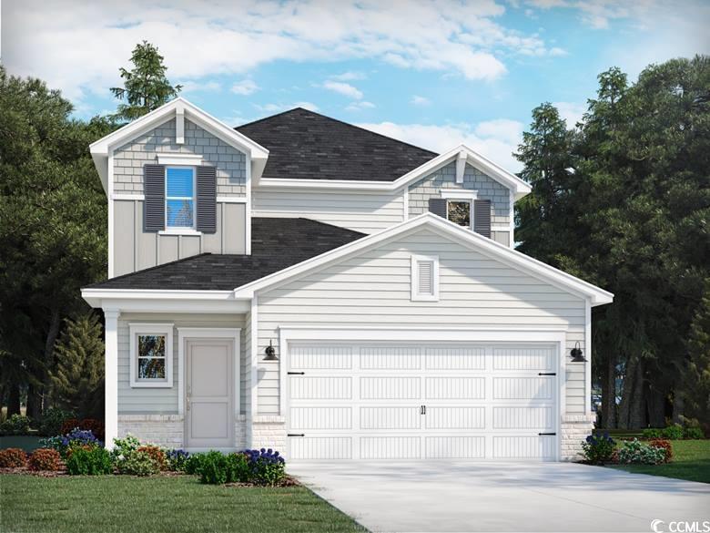 View of front of property featuring a shingled roof, driveway, board and batten siding, and a front yard