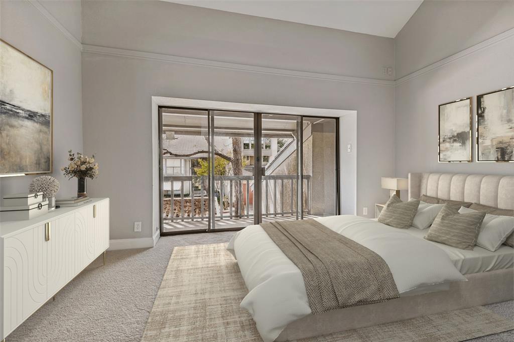 4505 North O'Connor Road, Unit 1121 Irving, TX 75062 - Photo 27 of 34 a bedroom with a large bed and a balcony