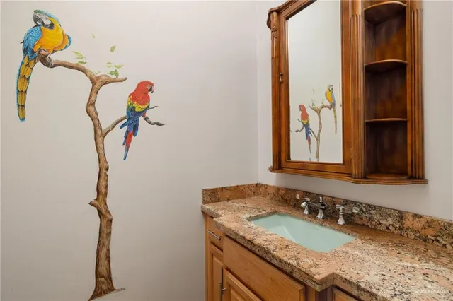 a bathroom with a granite countertop sink and a mirror