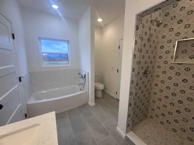 a bathroom with a bathtub and a shower