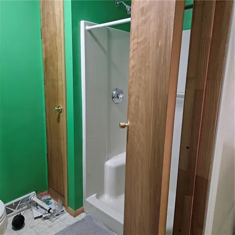 a bathroom with a shower and toilet