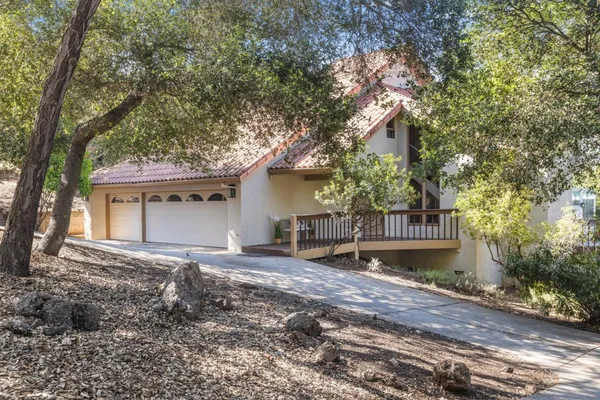 a view of a house with a yard and a large tree