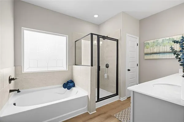 a bathroom with a bathtub and a shower