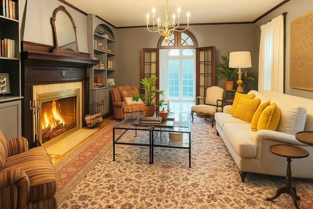 a living room with furniture a chandelier and a fireplace