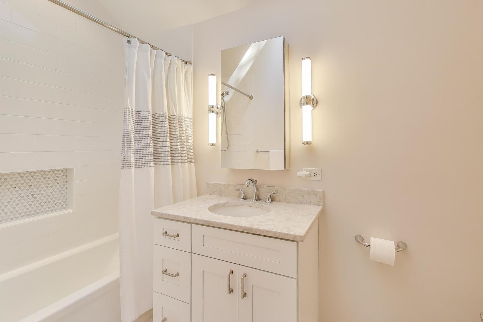 1614 West Erie Street Chicago, IL 60622 - Photo 23 of 50 a bathroom with a sink a vanity and a mirror
