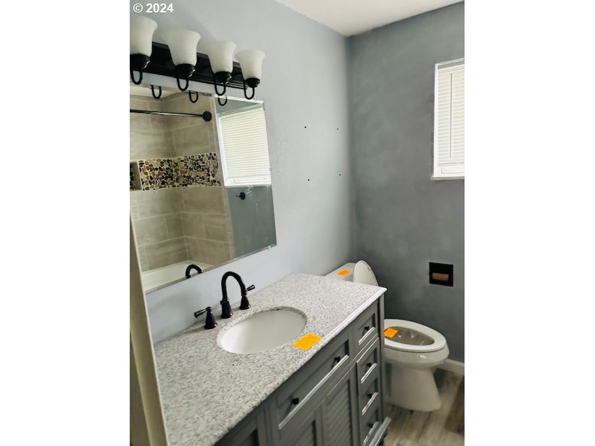a bathroom with a granite countertop sink and a toilet