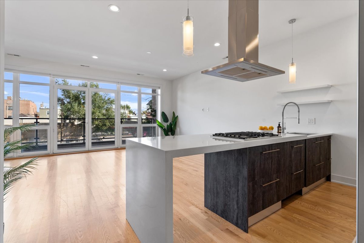938 North California Avenue, Unit 2 Chicago, IL 60622 - Photo 2 of 20 a large kitchen with stainless steel appliances a large counter top a stove a chimney a sink and a large window