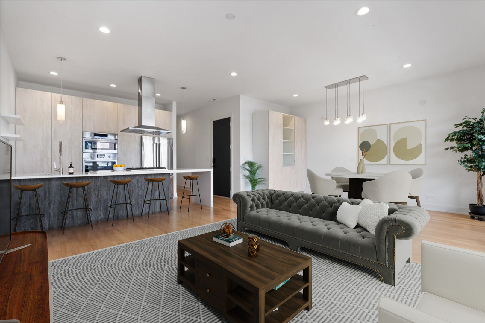 938 North California Avenue, Unit 2 Chicago, IL 60622 - Photo 7 of 20 a living room with furniture a wooden floor and kitchen view