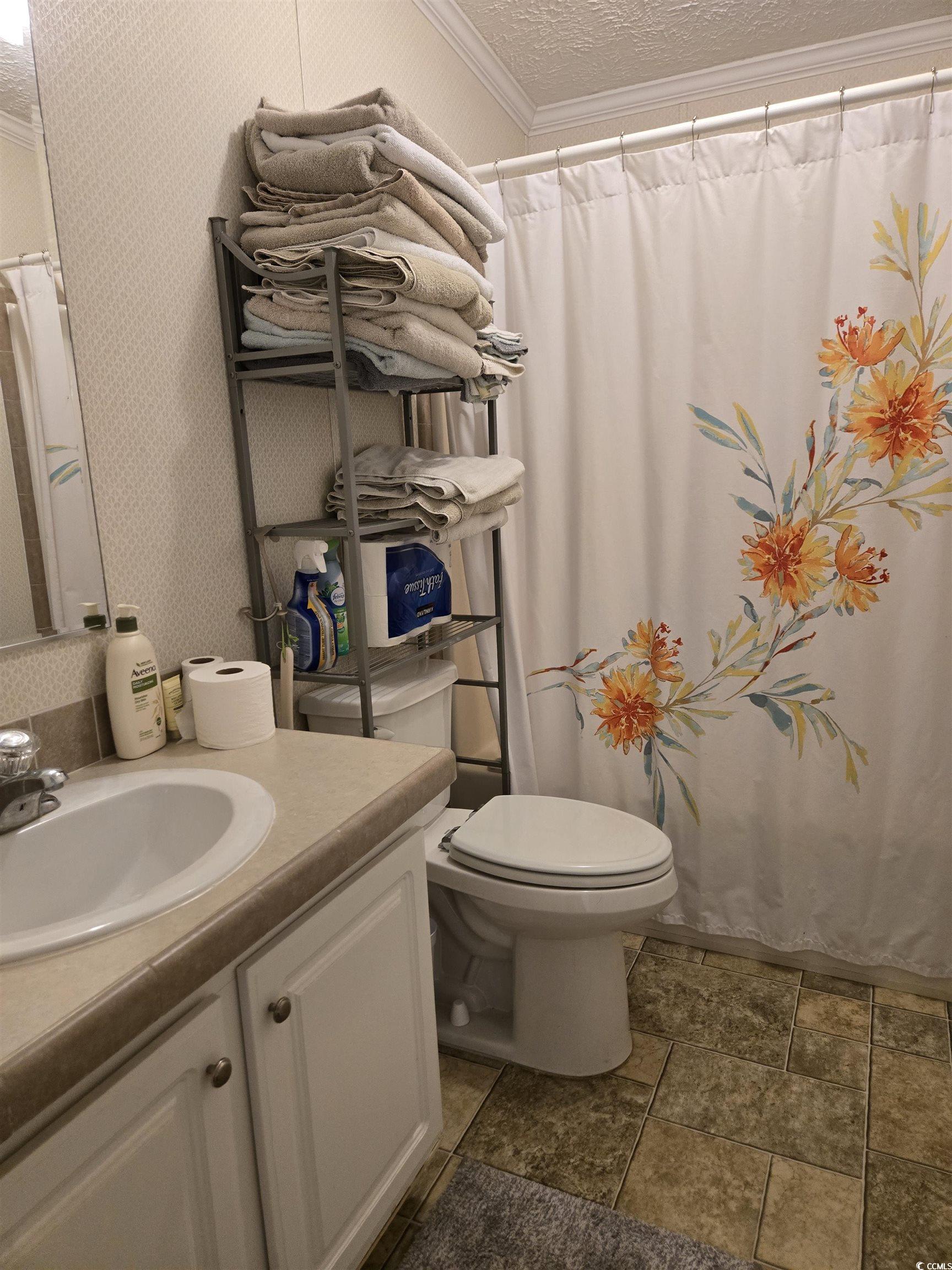 310 Clam Shell Circle Murrells Inlet, SC 29576 - Photo 23 of 32 Full bath featuring vanity, crown molding, toilet, a textured ceiling, and stone finish floors