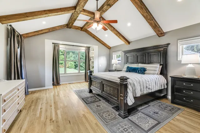 aerial view of a house with a garden