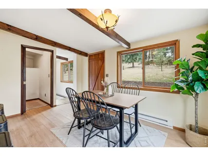 a dining room with furniture potted plants and wooden floor