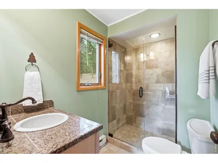 a bathroom with a sink a toilet and shower