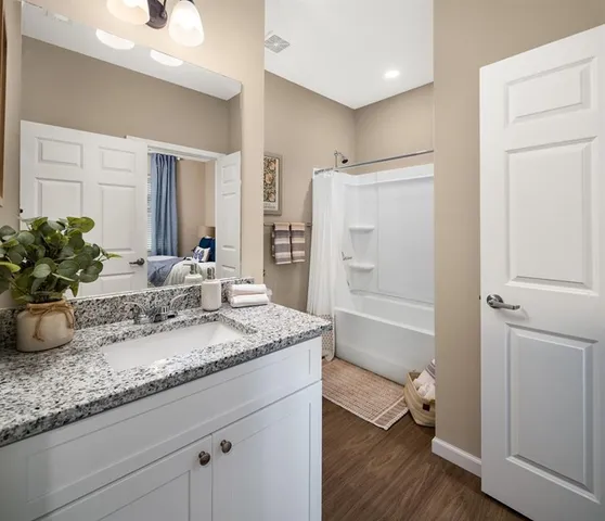 a bathroom with a granite countertop sink and a mirror