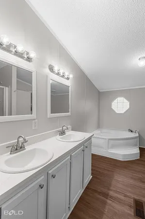 a bathroom with a double vanity sink and a mirror