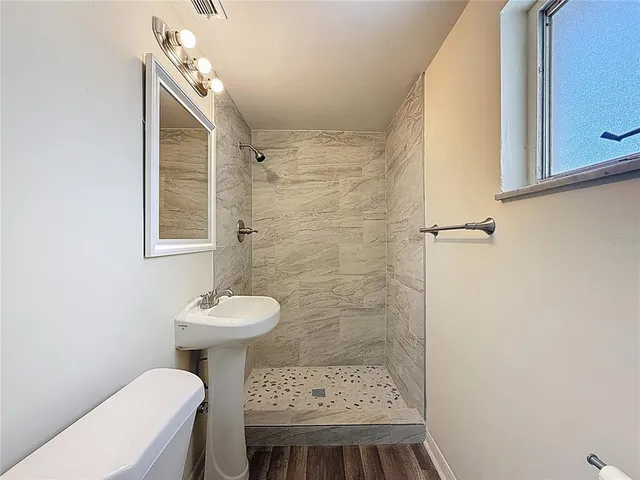 a bathroom with a sink toilet and mirror
