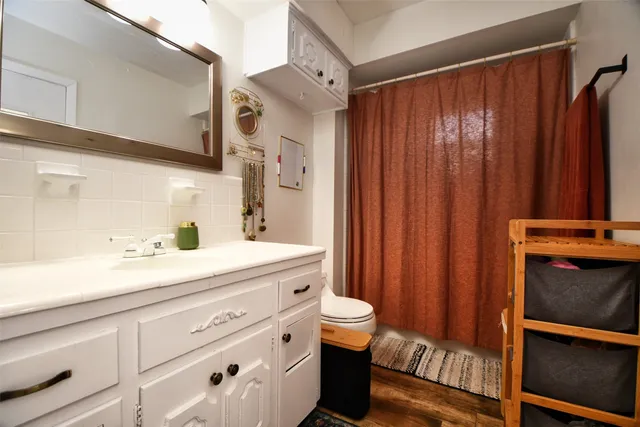 a bathroom with a sink a toilet and shower curtain