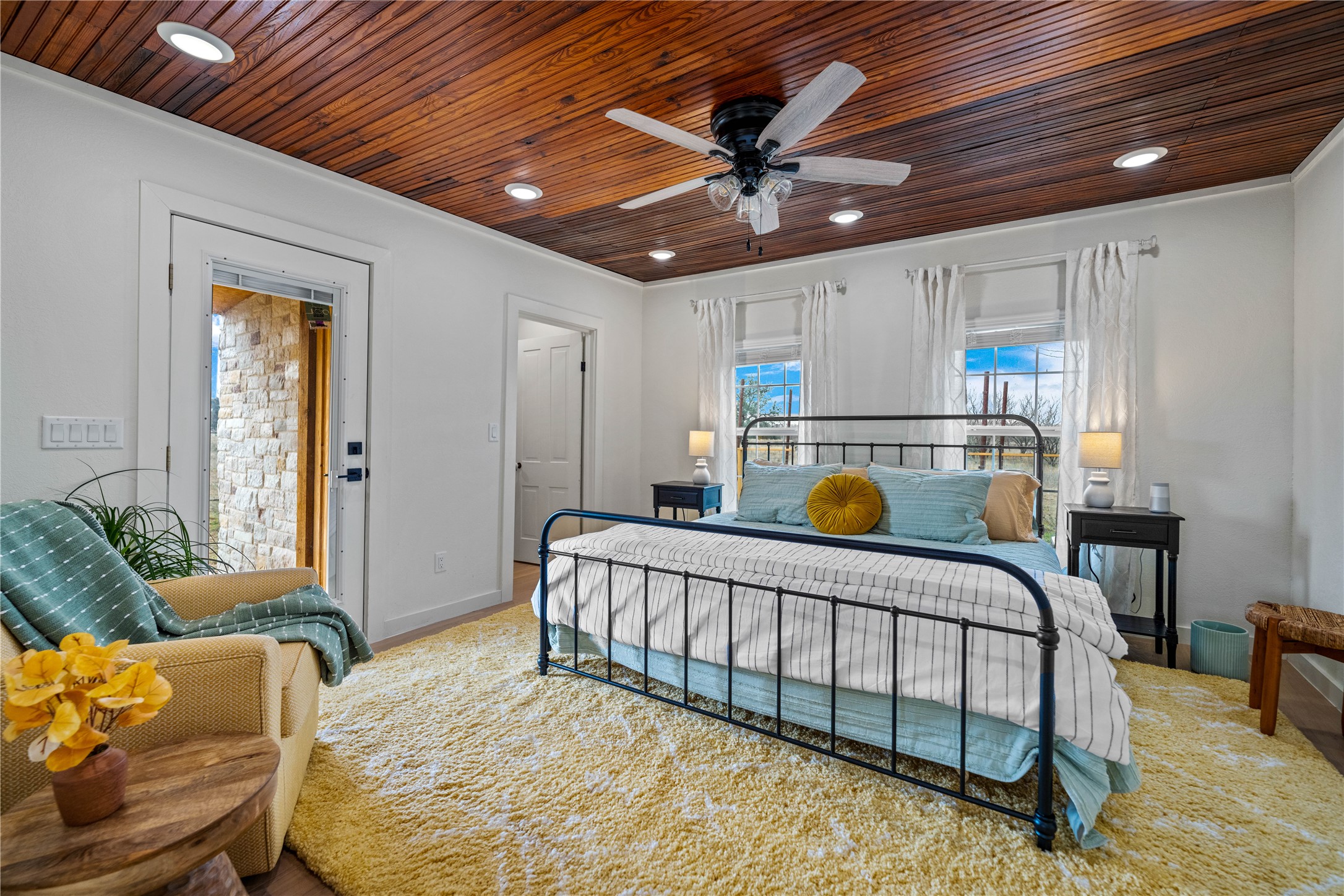 126 Buffalo Rd Valley Spring Valley Spring, TX 76885 - Photo 8 of 39 Bedroom featuring wooden ceiling, ceiling fan, and recessed lighting