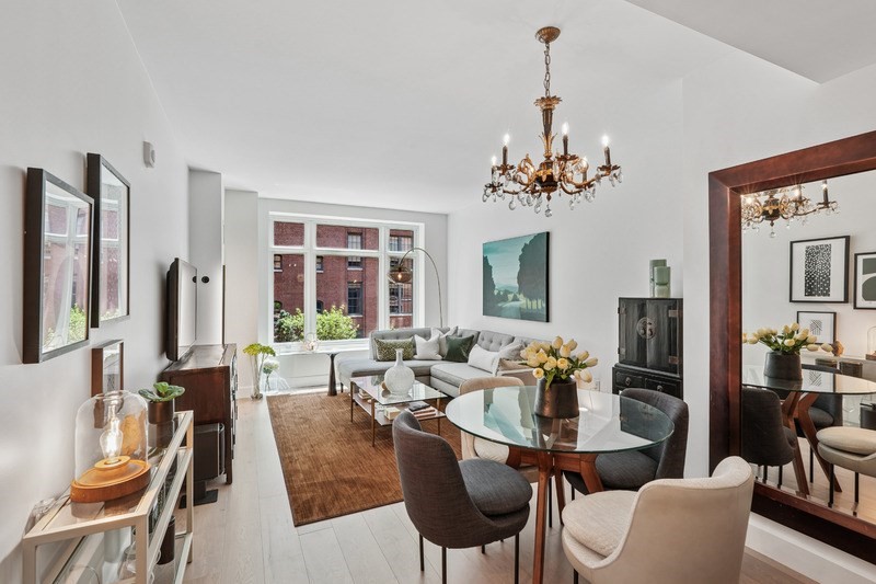 100 Lovejoy Wharf, Unit 5N Boston, MA 02114 - Photo 3 of 23 a living room with furniture dining table and a chandelier