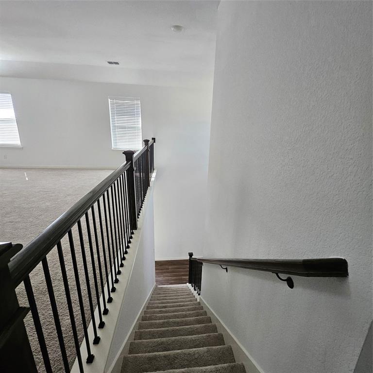 2309 Jack Rabbit Way Northlake, TX 76247 - Photo 12 of 28 Carpeted staircase with dark wood-finish handrails and black metal balusters