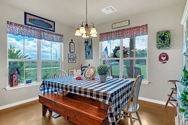 a view of a dining room with furniture window and outside view