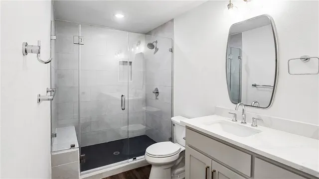 a bathroom with a sink toilet a shower and a mirror
