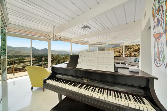 a balcony with furniture and a potted plant